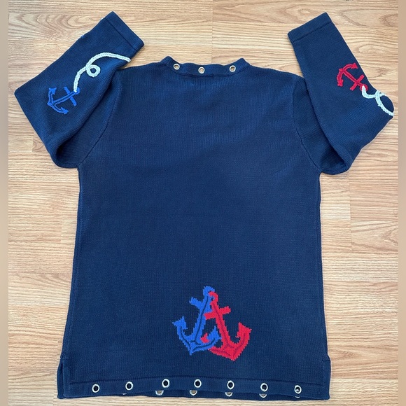 Quacker Factory Navy Blue Americana Anchor Crew Neck Sweater Size Medium - Picture 7 of 14